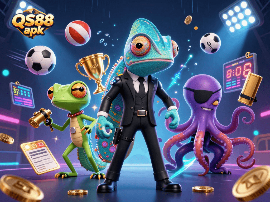 Experience QS88 apk with an exciting scene featuring colorful characters in a dynamic sports betting world.