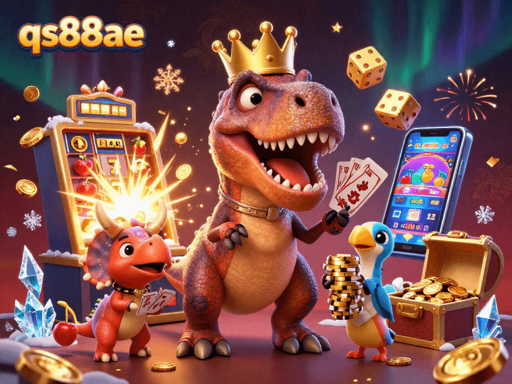 Experience the excitement of qs88ae with a T-Rex shuffling cards as a pterodactyl assistant and baby triceratops stacks chips.