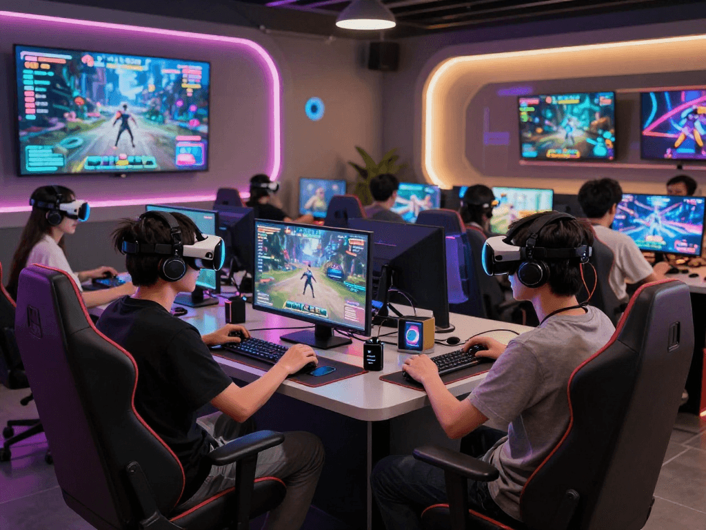 AI roleplay scene in a futuristic gaming lounge with players in VR headsets and interactive holograms.