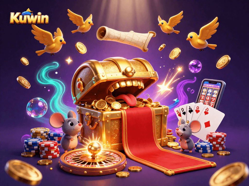 Kuwin treasure chest luring mice with riches amidst golden coins and roulette wheel, an engaging casino scene.