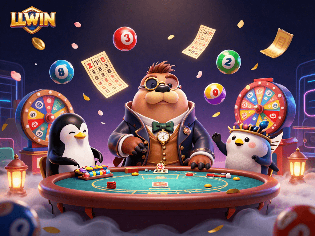 LLWIN players enjoying underwater poker with a jolly walrus, penguin dealer, and pufferfish, amidst lottery elements.