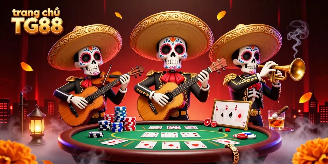 Experience excitement at trang chủ TG88 with vibrant mariachi skeletons at a lively poker table.