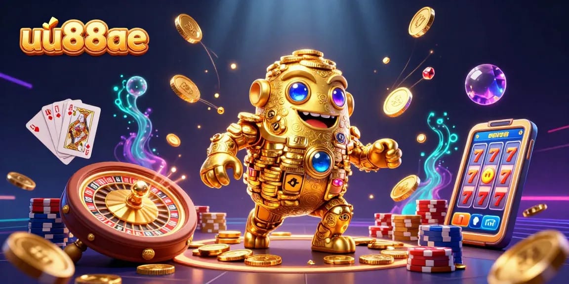 Spin the reels and win with uu88ae's vibrant casino illustration featuring golden golem and games.