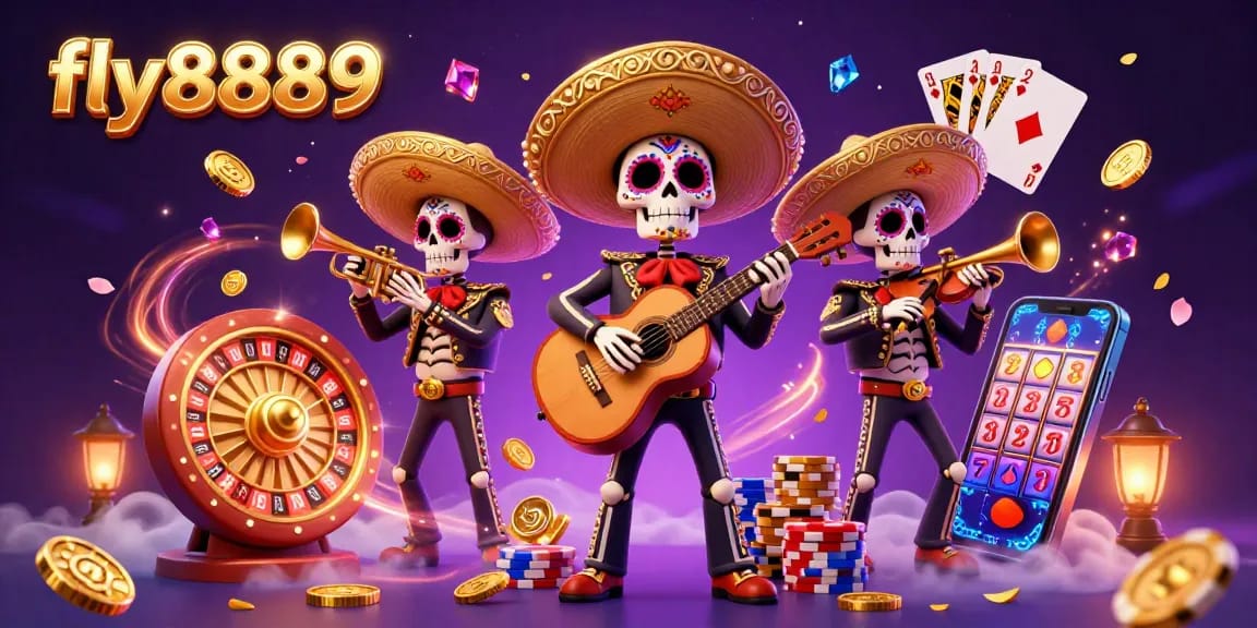Engage in gaming excitement with the fly8889 mariachi band illustration amidst golden coins and roulette action.