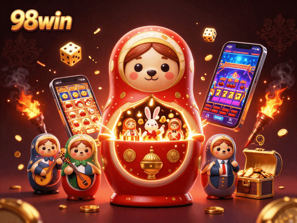Engage in thrilling 98win casino action with a vibrant 3D illustration featuring adorable bears and gaming excitement.