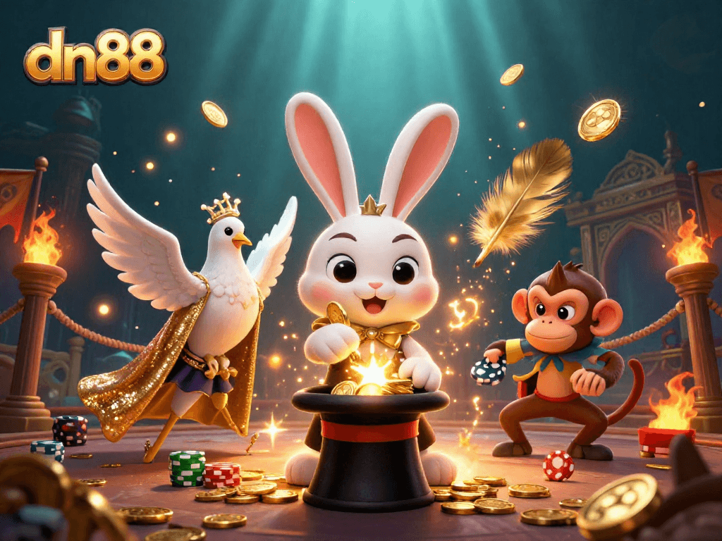 Experience the magic of dn88 with a dazzling illustration of a magician rabbit creating fortune in a casino world.