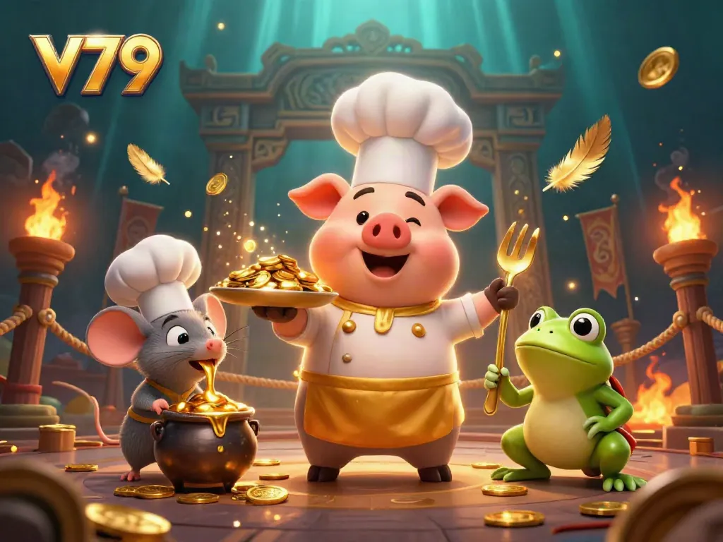 Experience V79's thrilling features with the chef pig serving golden coins in this vibrant casino scene.