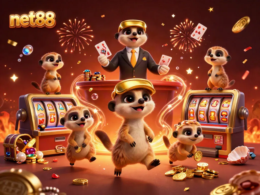 Experience thrilling wins at net88's lively casino operations with energetic meerkats surrounded by colorful slot reels and treasures.