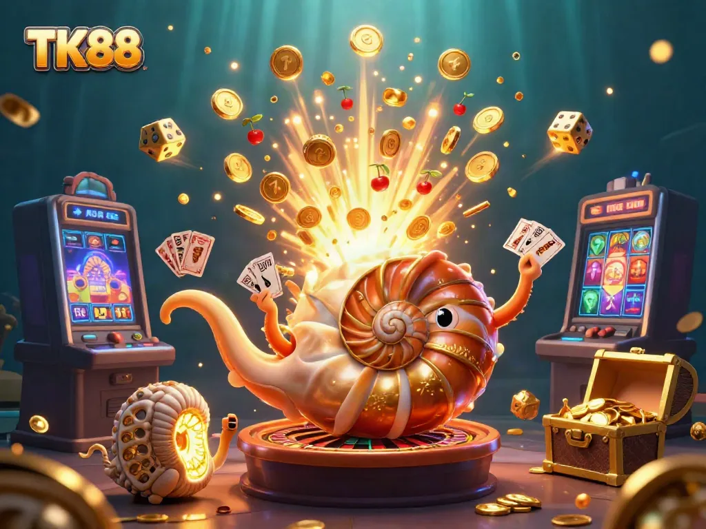 Engage in thrilling gameplay at TK88 with vibrant visuals of slot machines, golden coins, and an interactive casino scene.