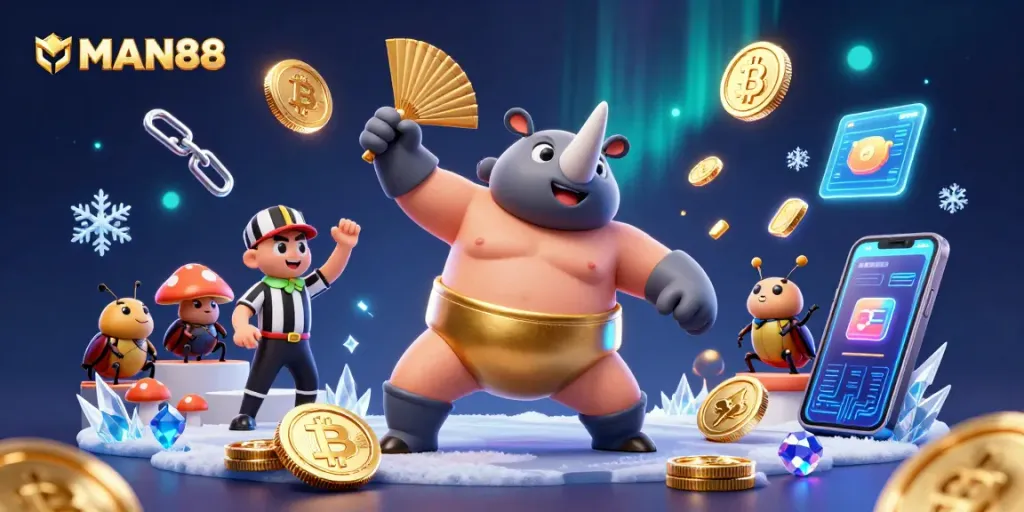 Experience thrilling gaming at MAN88 with dynamic characters celebrating wins in a vibrant casino atmosphere.