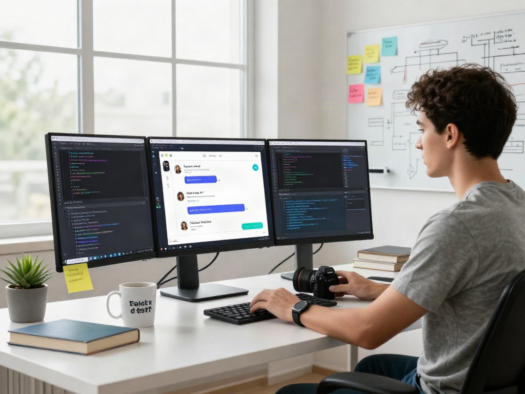 Dynamic workspace showcasing a developer engaged in spicy chat ai, featuring coding screens and a vibrant digital interface.