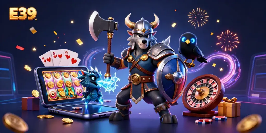 Engage with E39 slot games in a vibrant casino world featuring dynamic characters and elements.