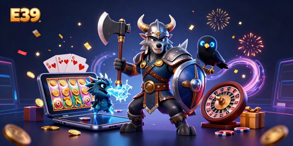 Engage with E39 slot games in a vibrant casino world featuring dynamic characters and elements.