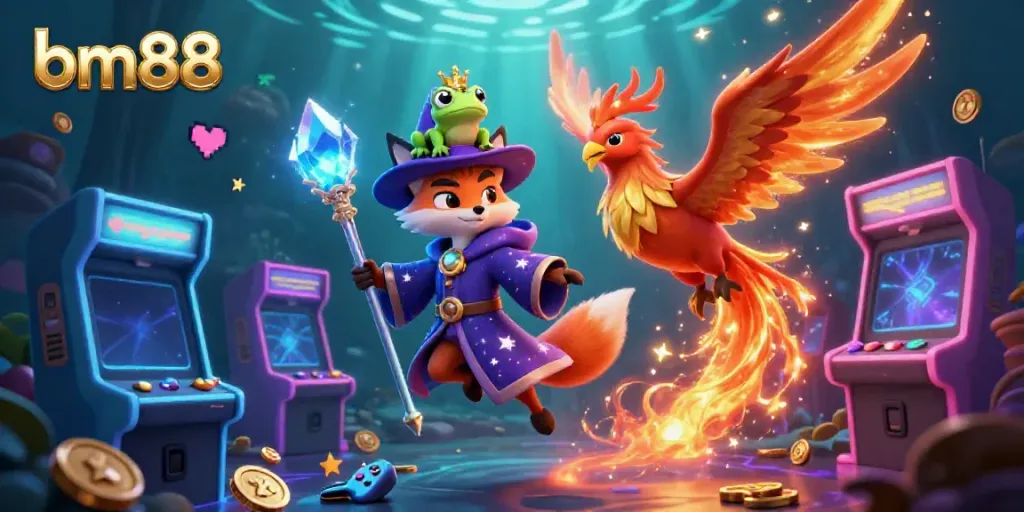 Engage in exciting gaming at bm88 with a mystical wizard fox and fiery phoenix amidst vibrant arcade elements.
