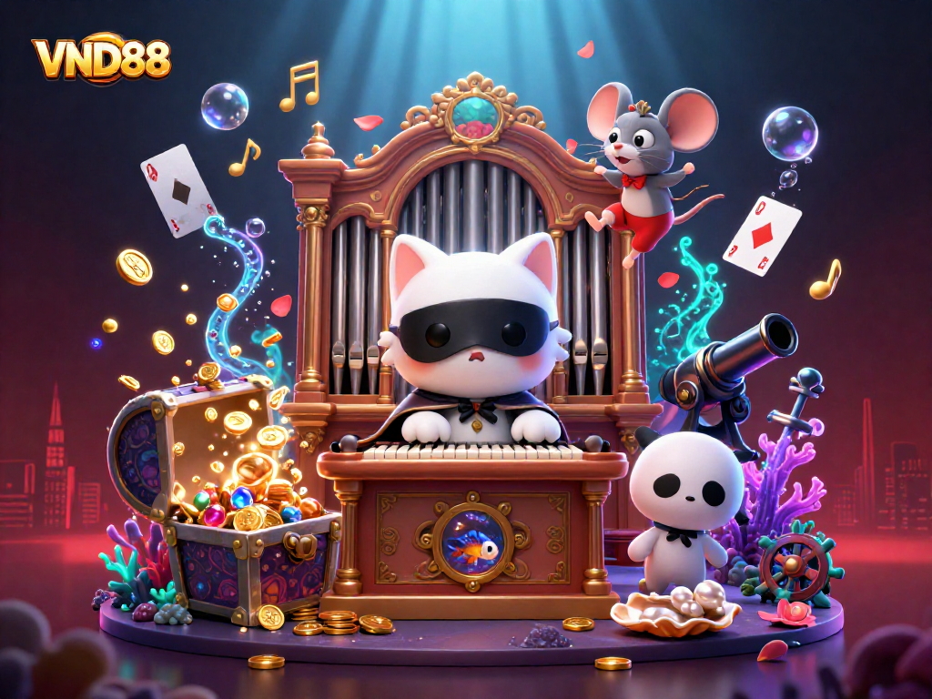Experience the thrill with VND88 at this vibrant casino illustration featuring a phantom cat.