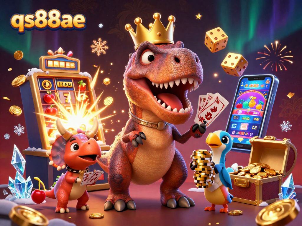 Experience the excitement of qs88ae with a T-Rex shuffling cards as a pterodactyl assistant and baby triceratops stacks chips.