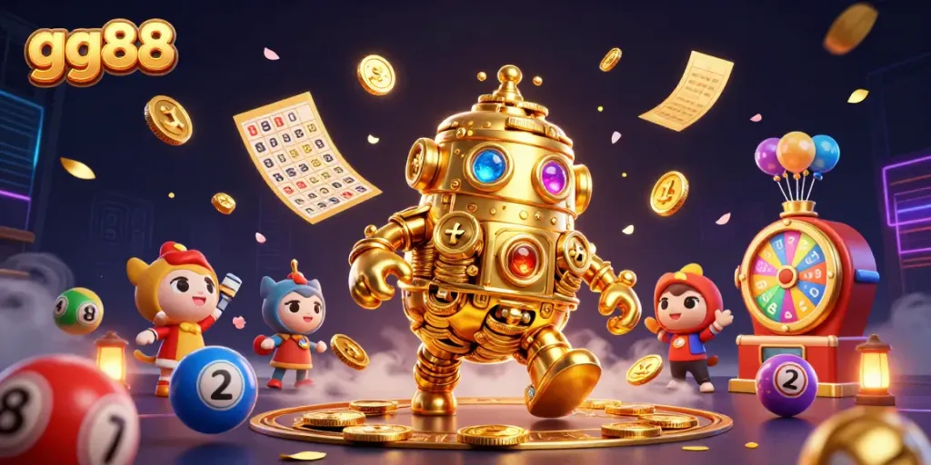 Experience the thrill of gg88 with a golden golem surrounded by vibrant lottery elements in a dynamic casino setting.