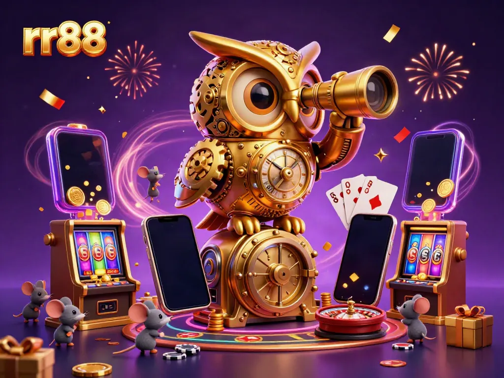 Win big at rr88 with vibrant casino elements featuring a golden owl, slot machines, and playful mice.