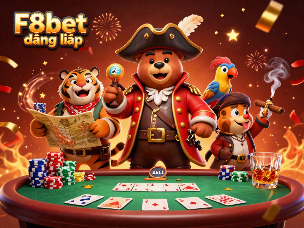 Engage with the excitement of F8bet đăng nhập at a lively poker scene featuring a pirate bear and friends.