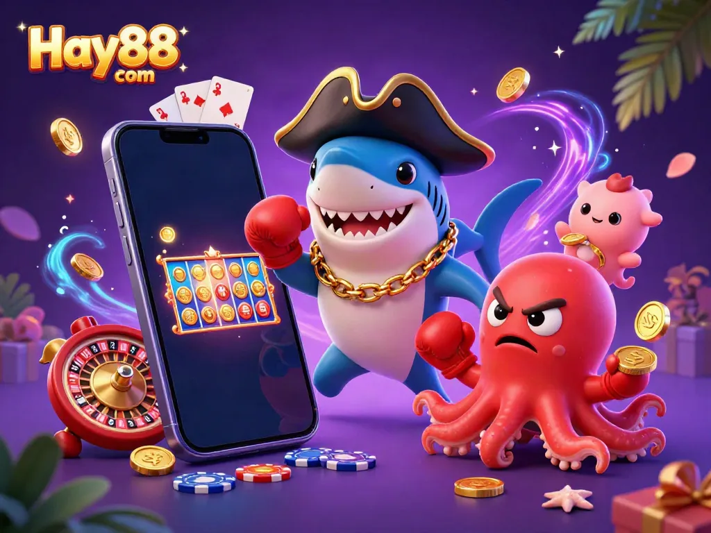 Engage with Hay88 com's vibrant casino scene featuring a pirate shark, pufferfish, and octopus!