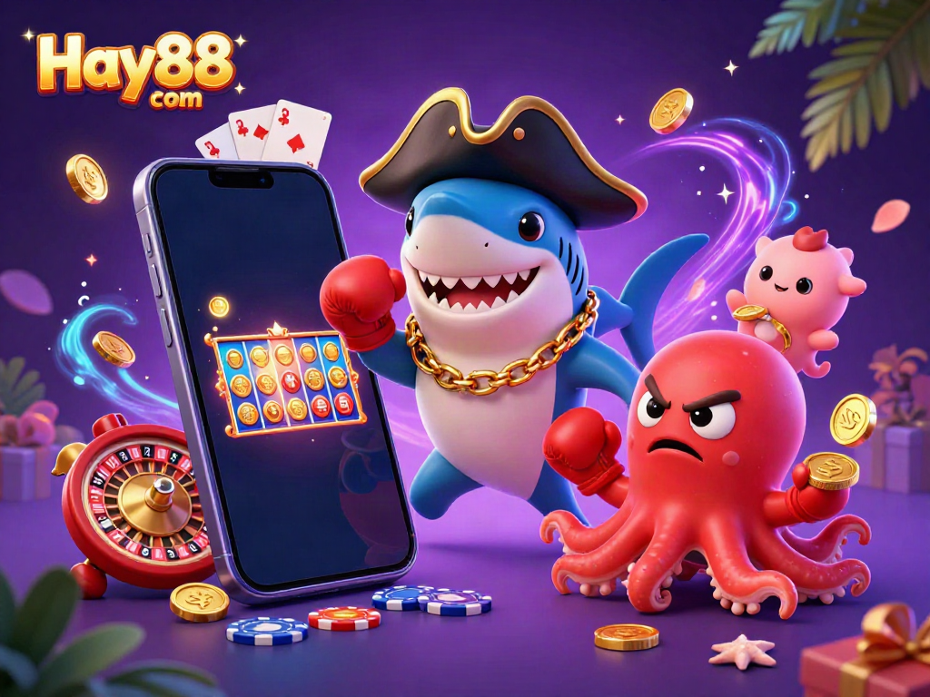 Engage with Hay88 com's vibrant casino scene featuring a pirate shark, pufferfish, and octopus!