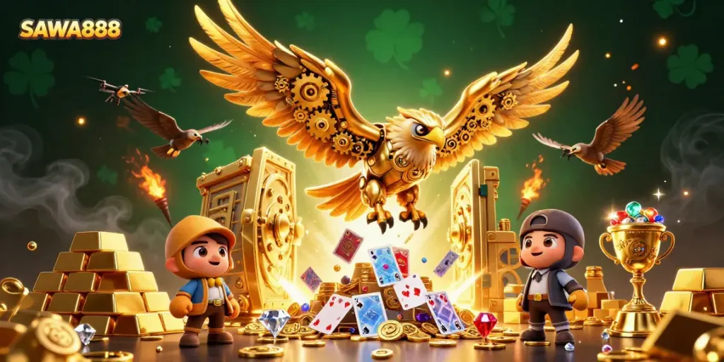 SAWA888 showcases stunning wins with a cybernetic eagle and holographic cards in a vibrant 3D casino scene.