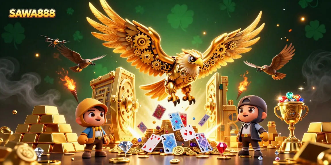 SAWA888 showcases stunning wins with a cybernetic eagle and holographic cards in a vibrant 3D casino scene.