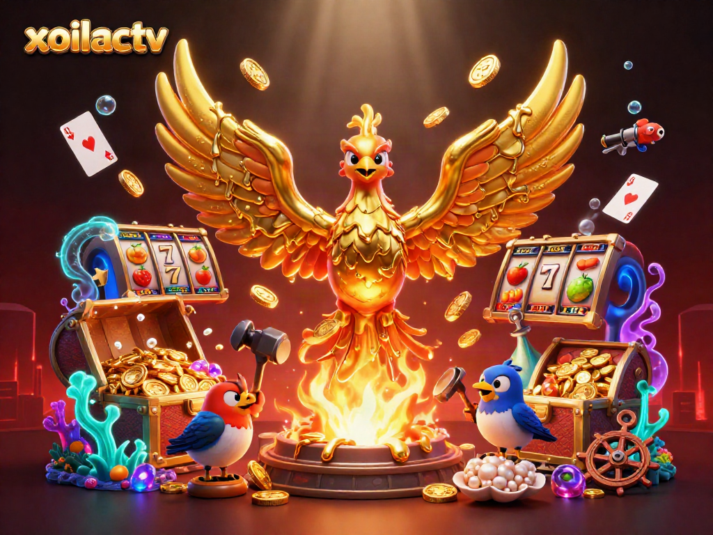 Experience thrilling gameplay with xoilactv's golden phoenix and dynamic slot machine illustrations.