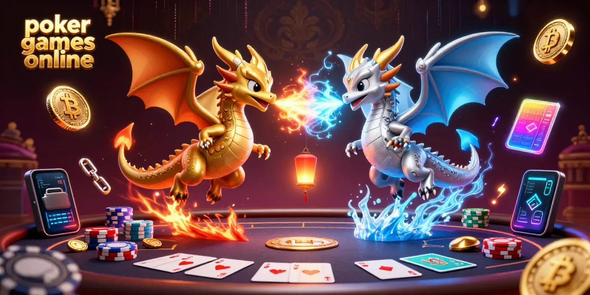 Engage in poker games online with vibrant dragons and poker elements in an artistic 3D scene.