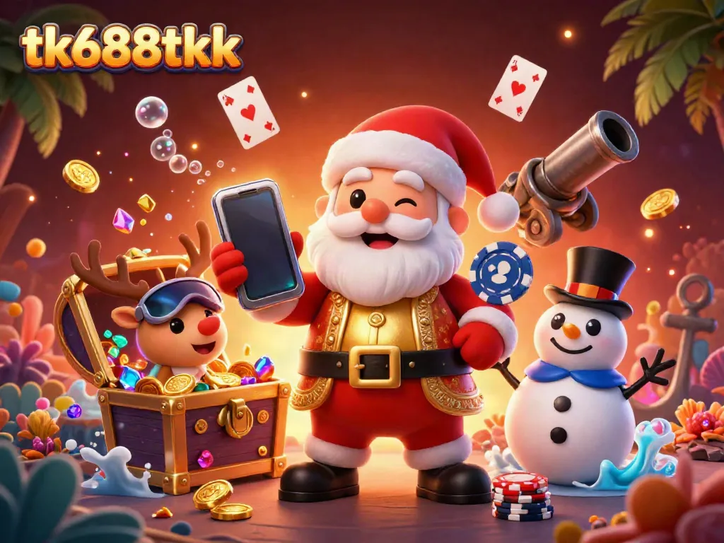 Experience the excitement at tk688tkk with Santa and friends in a vibrant casino scene full of jackpot slots.