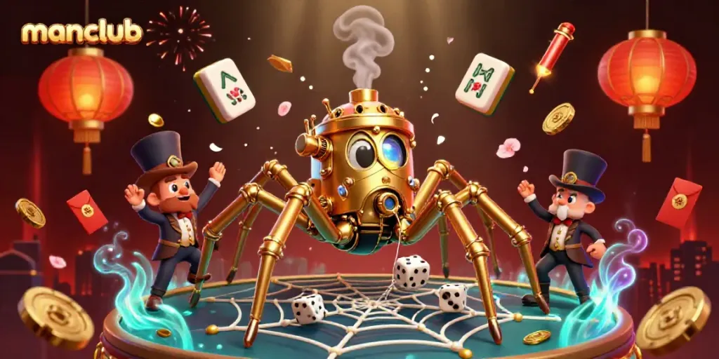 Experience thrilling wins with manclub's vibrant gaming illustration featuring steampunk elements and casino charm.