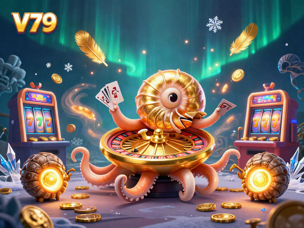 Experience the excitement of V79 with a 3D illustration featuring a giant nautilus and slot machines.