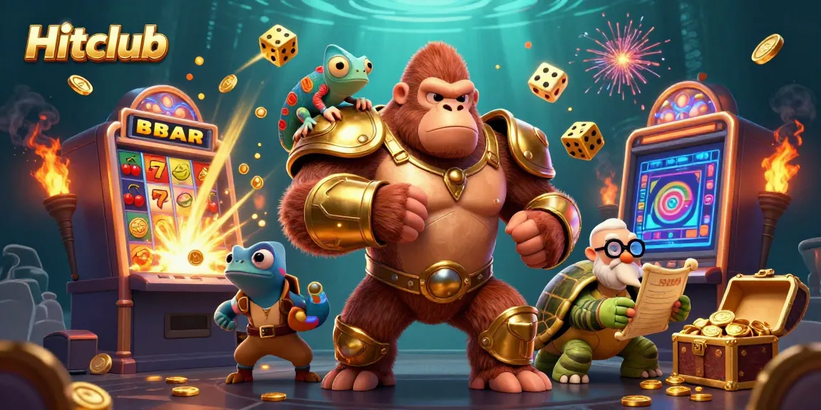 Experience exciting gameplay at Hitclub with a dynamic scene featuring a powerful gorilla, colorful slot machine, and vibrant casino elements.