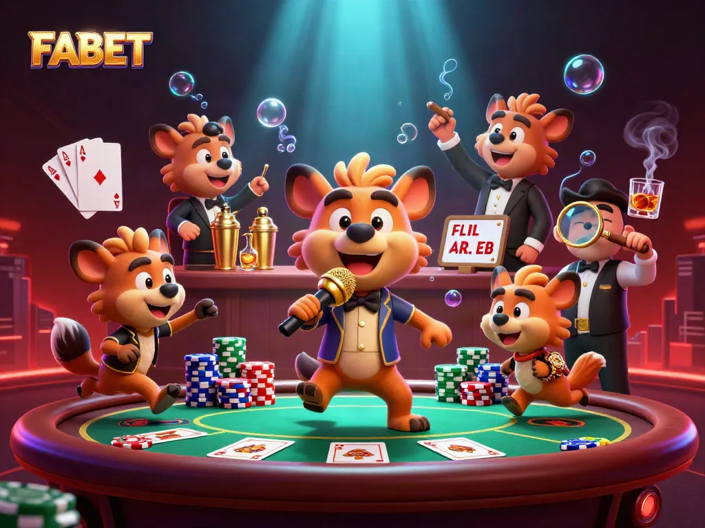 FABET showcases a lively casino scene with hyenas entertaining, mixing drinks, and checking IDs.