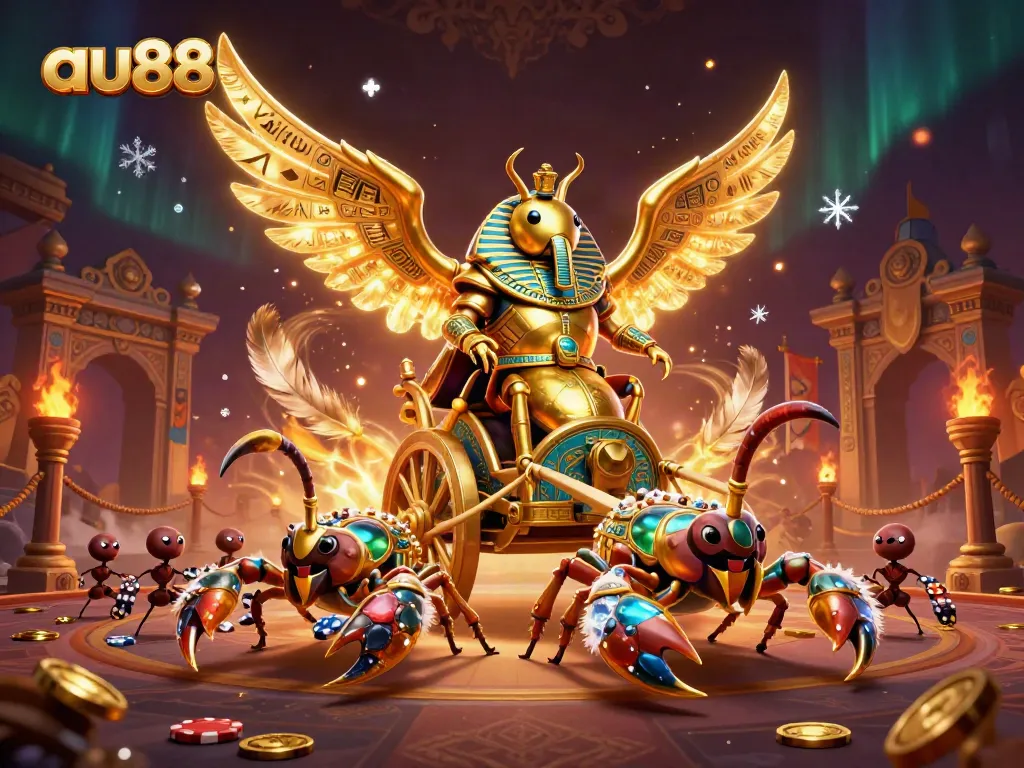 Engage with exciting games at au88 featuring a scarab beetle in pharaoh armor amidst a vibrant casino scene.