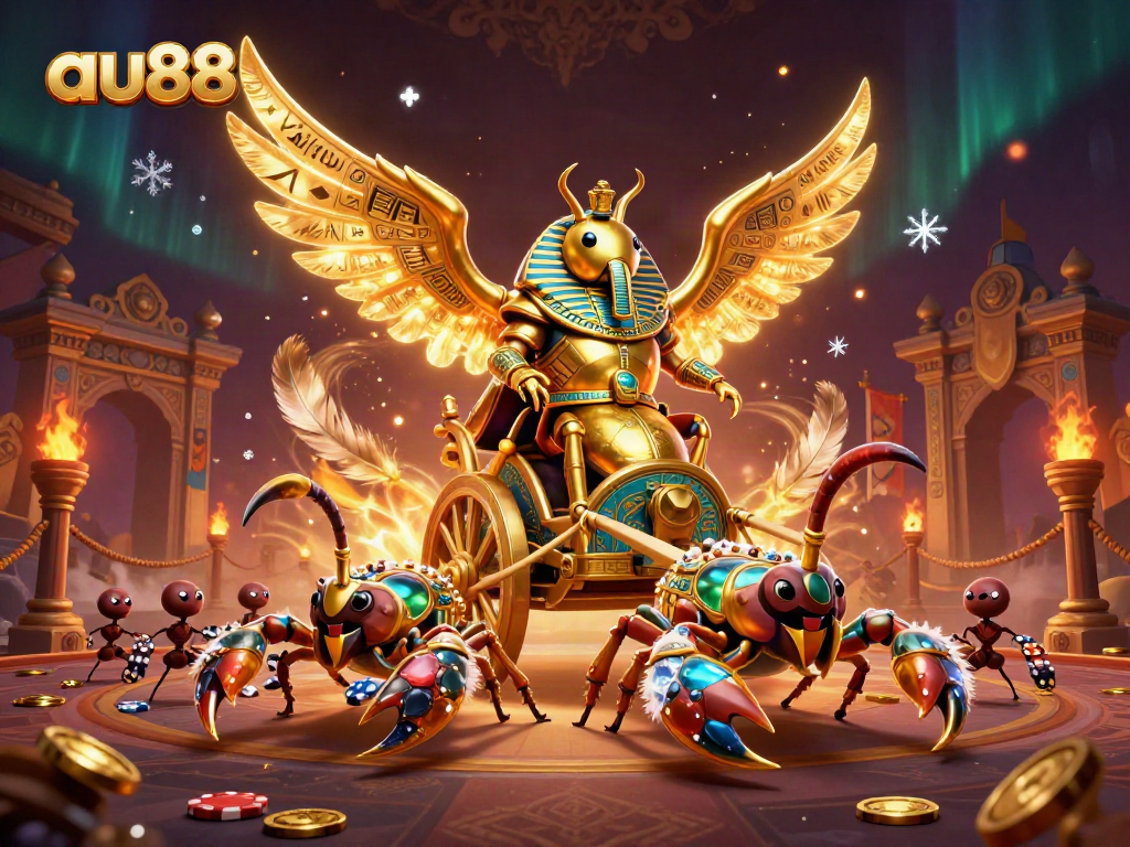 Engage with exciting games at au88 featuring a scarab beetle in pharaoh armor amidst a vibrant casino scene.