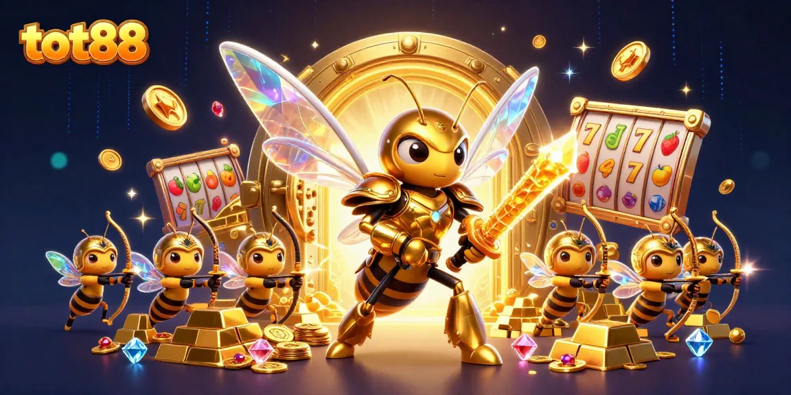 Experience the thrill of tot88 with a dynamic illustration of a golden hornet in samurai armor winning at slots.