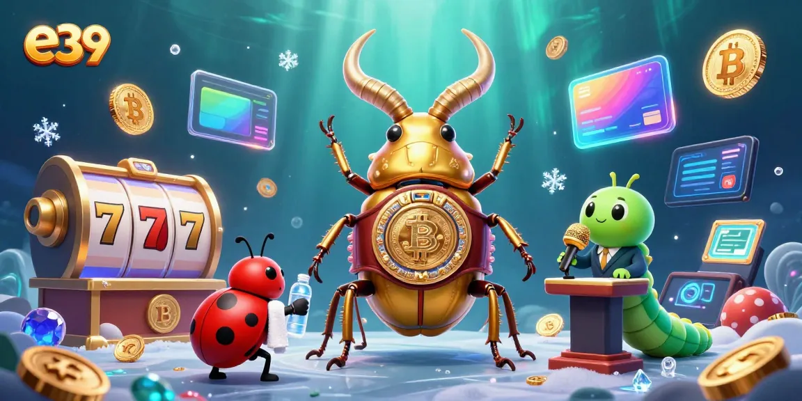Engage in e39 live casino action with a golden stag beetle championing jackpot excitement amidst animated game elements.