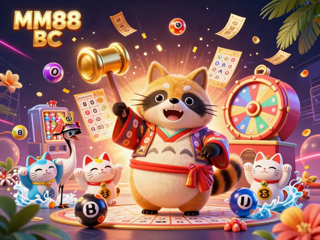 Experience the excitement of MM88 BC with our colorful 3D illustration featuring luck symbols and dynamic gaming elements.