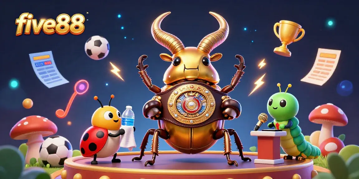 Experience the excitement of five88 with a dynamic scene showcasing a champion beetle and diverse sports betting elements.