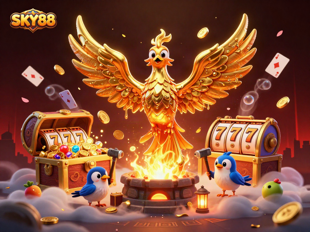 Sky88 players enjoy vibrant casino ambiance with golden phoenix and slot games.