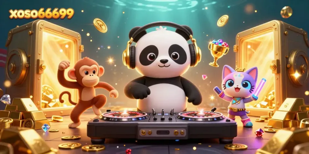 Engage with xoso66699 as the DJ panda spins on roulette wheels amidst a treasure-filled rave scene.