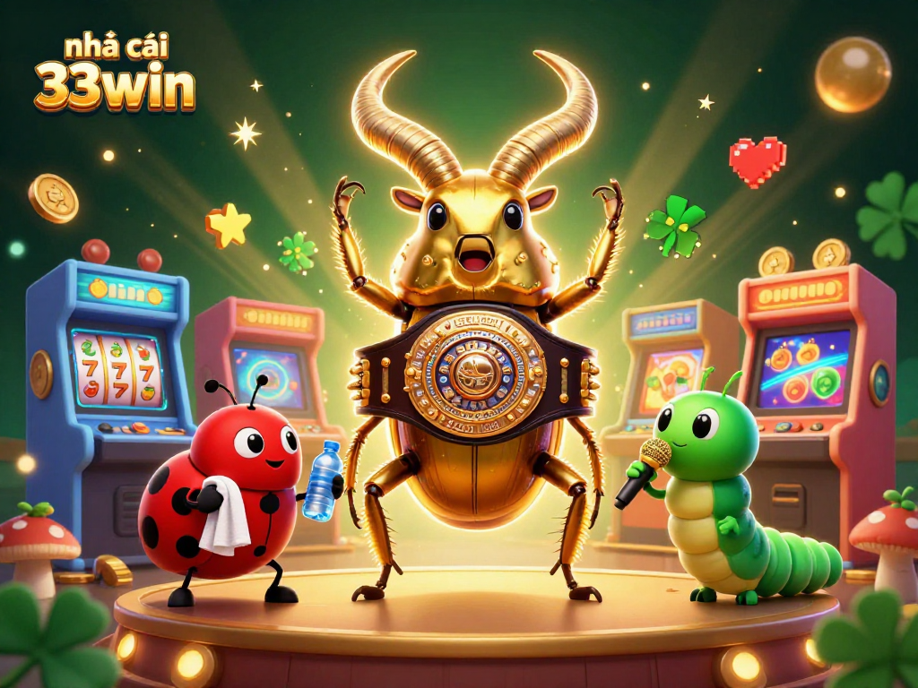 Engage with nhà cái 33win in a vibrant casino atmosphere featuring a boxing beetle and jackpotted slot elements.