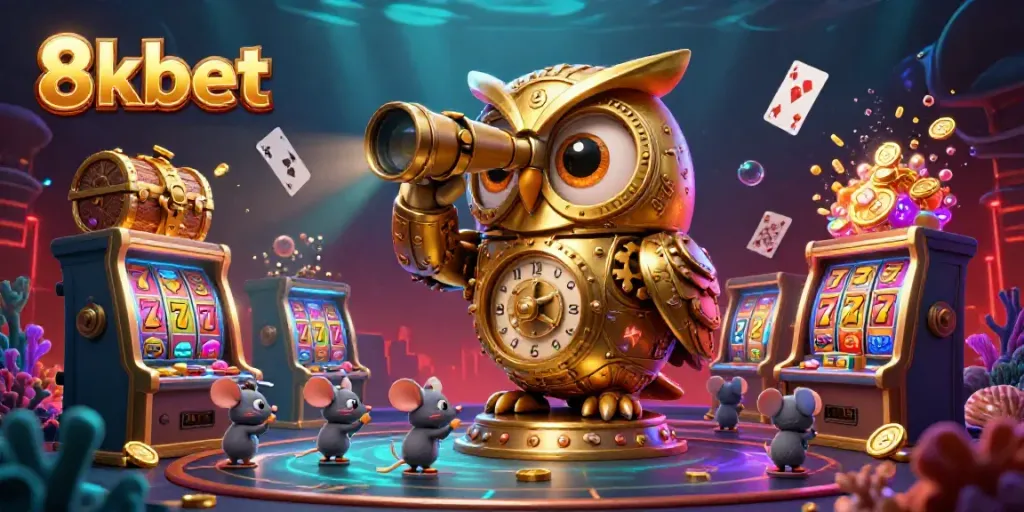 8xbet casino scene showcasing a golden owl observing slot machines, surrounded by colorful gems and cards.