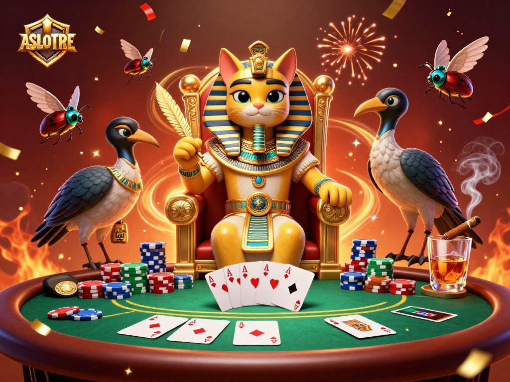 Experience the dazzling ASLOTRE poker night with a pharaoh cat and golden casino elements.
