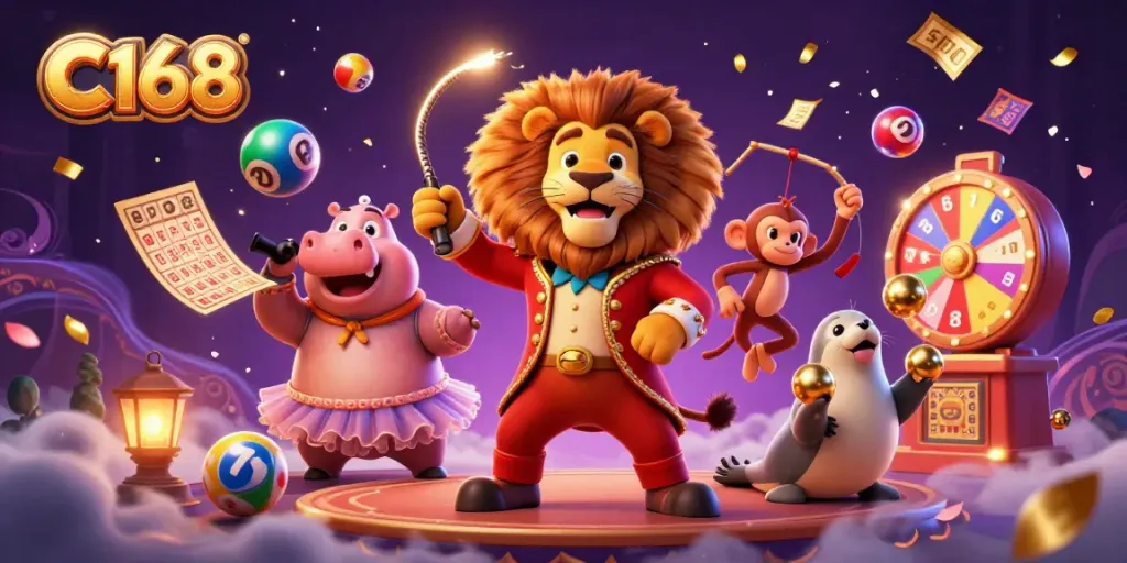 Engage with C168 gaming excitement featuring a circus lion and colorful lottery elements