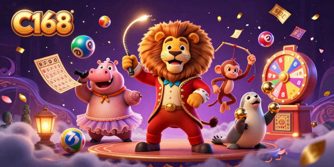Engage with C168 gaming excitement featuring a circus lion and colorful lottery elements