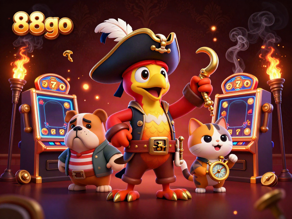 Engage with 88go at our vibrant casino scene featuring colorful slot machines and lively characters.