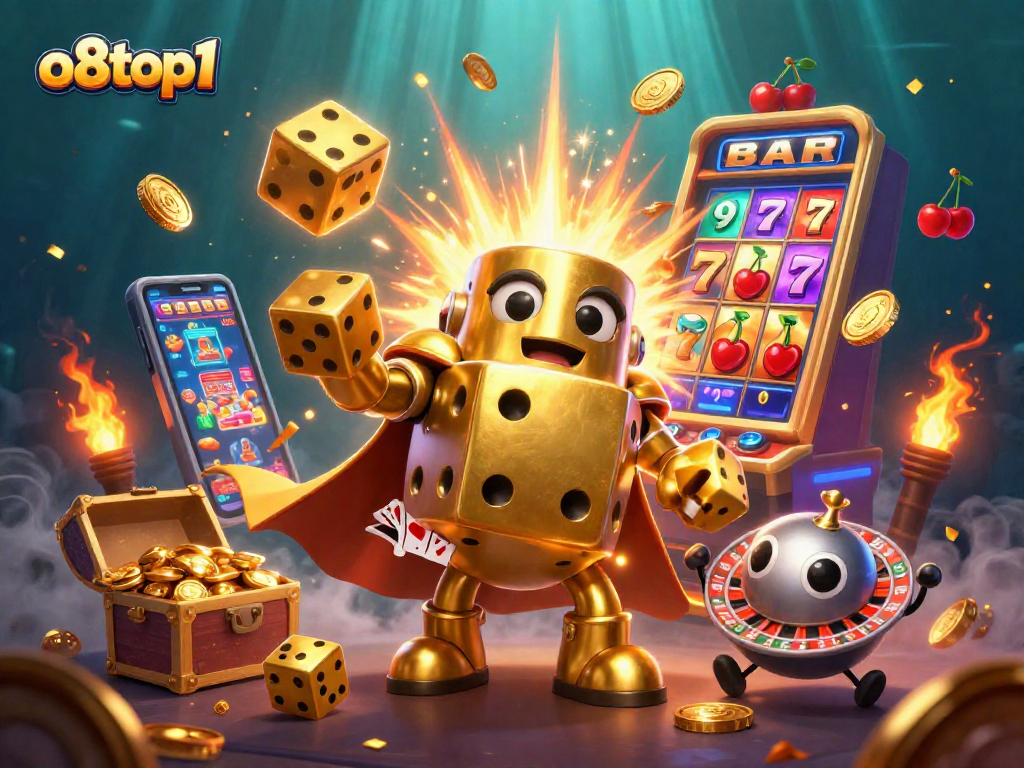 Engage with thrilling o8top1 casino action amid vibrant 3D illustration of golden dice and jackpots.
