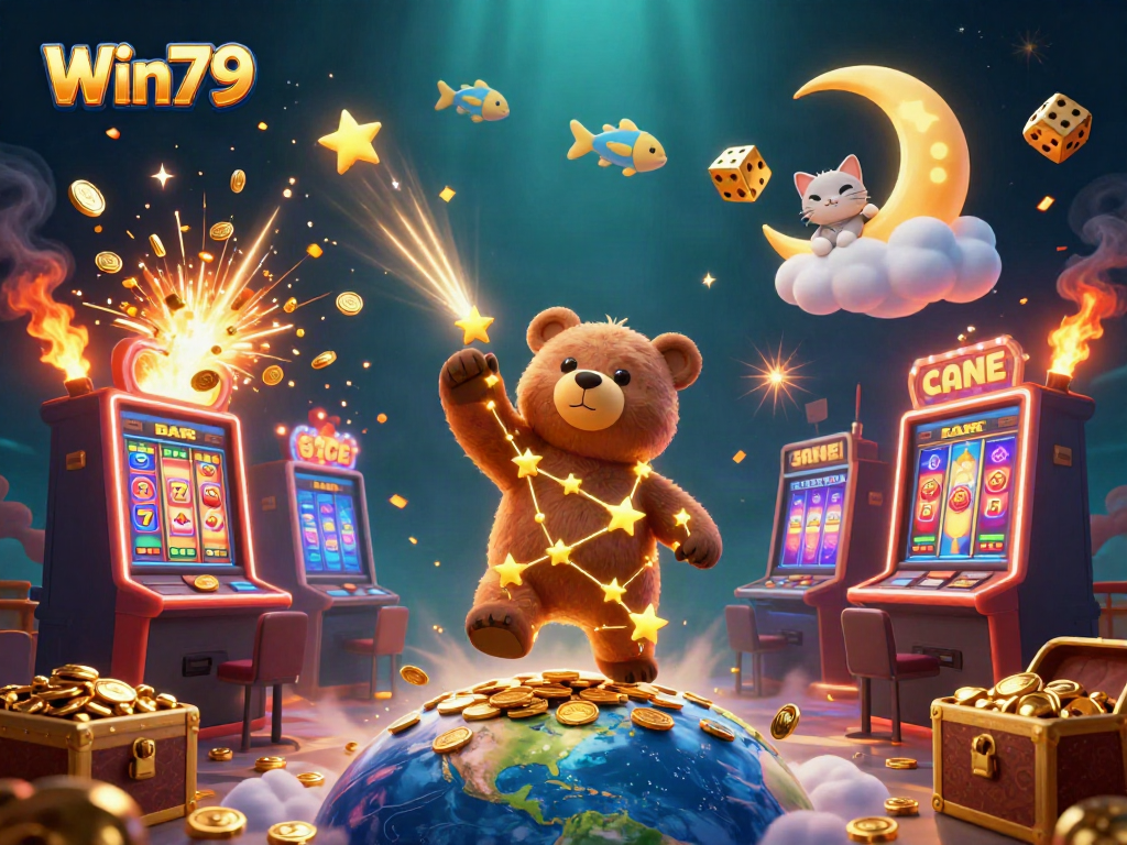 Experience excitement with Win79 in a vibrant 3D casino scene bursting with colorful elements.